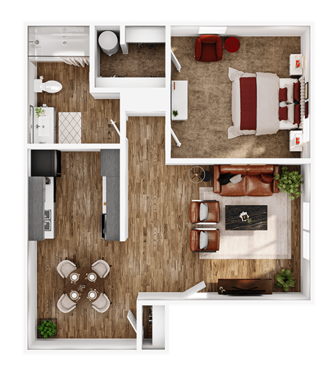 Floor plan for 1 bed, 1 bath, 625 sqft